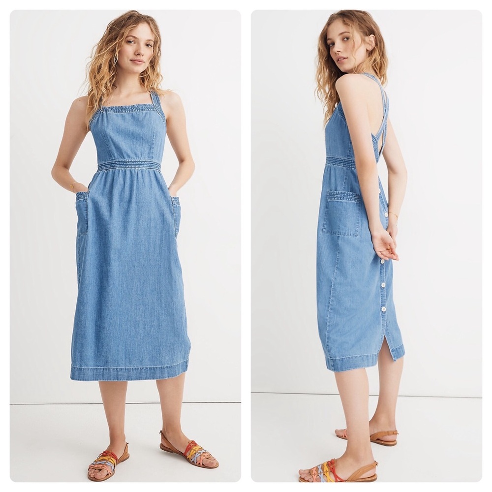 Madewell Denim Apron Midi Dress 100% Cotton In Worn Indigo Wash Blue Size 12/14